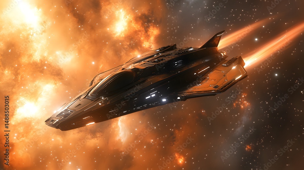 Poster a futuristic spacecraft soars through a vibrant nebula, its engines blazing. perfect for science fic