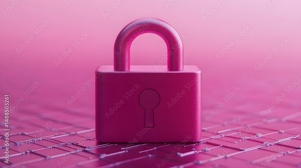 Poster a pink padlock sits on a keyboard, symbolizing cybersecurity and data protection in a digital enviro