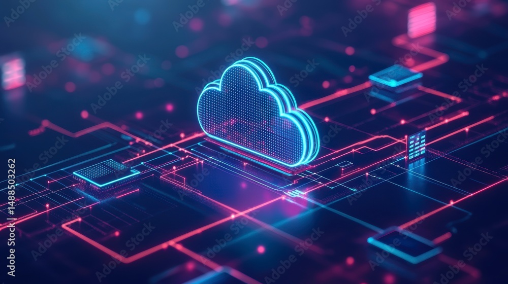 Poster neon cloud computing symbol on a circuit board.