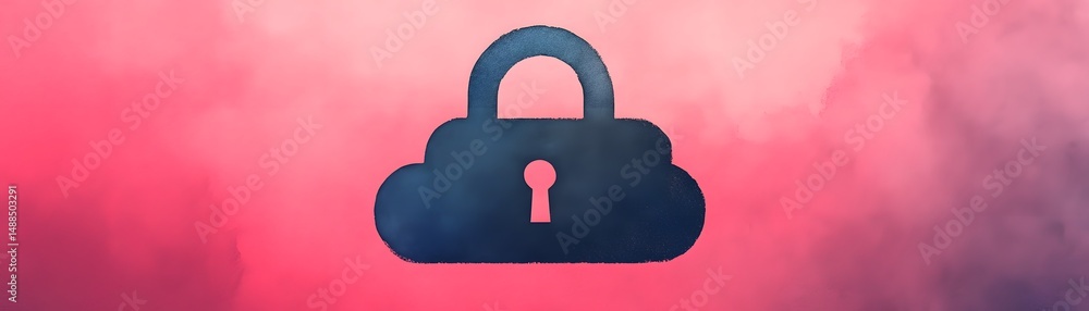 Poster a dark cloud-shaped padlock icon is centered on a pink and red gradient background, symbolizing clou