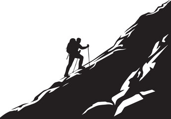  Silhouette Mountaineer Ascending Rocky Slope with Backpack and Trekking Poles