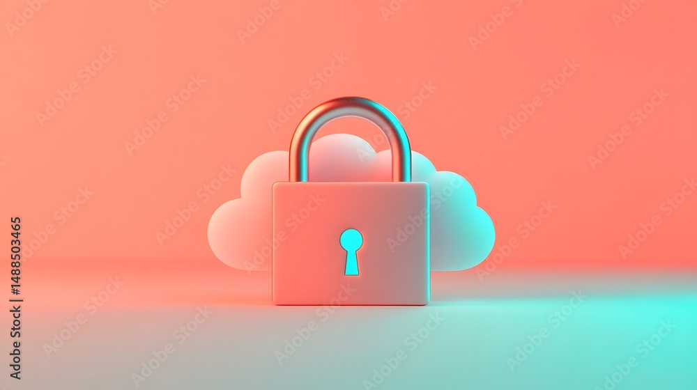Poster a large padlock sits in front of a cloud icon, symbolizing cloud data security on a pastel gradient 