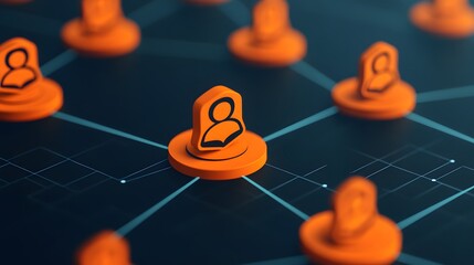 Orange user icons connected by lines on a digital network, symbolizing social connections and online communication.