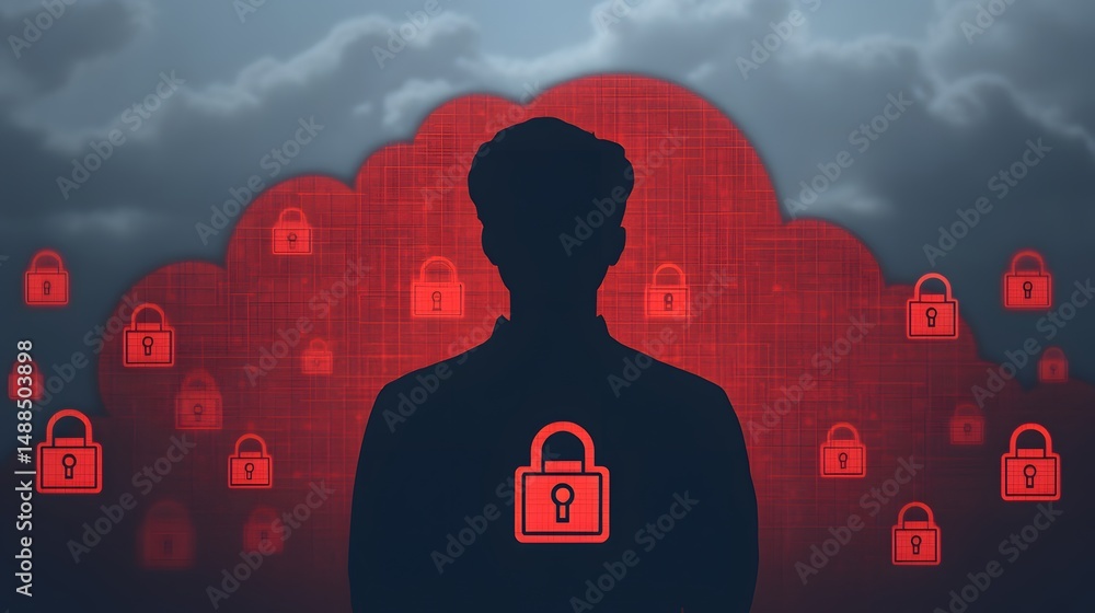 Poster a silhouette of a person stands before a red cloud with multiple padlock icons, symbolizing data sec