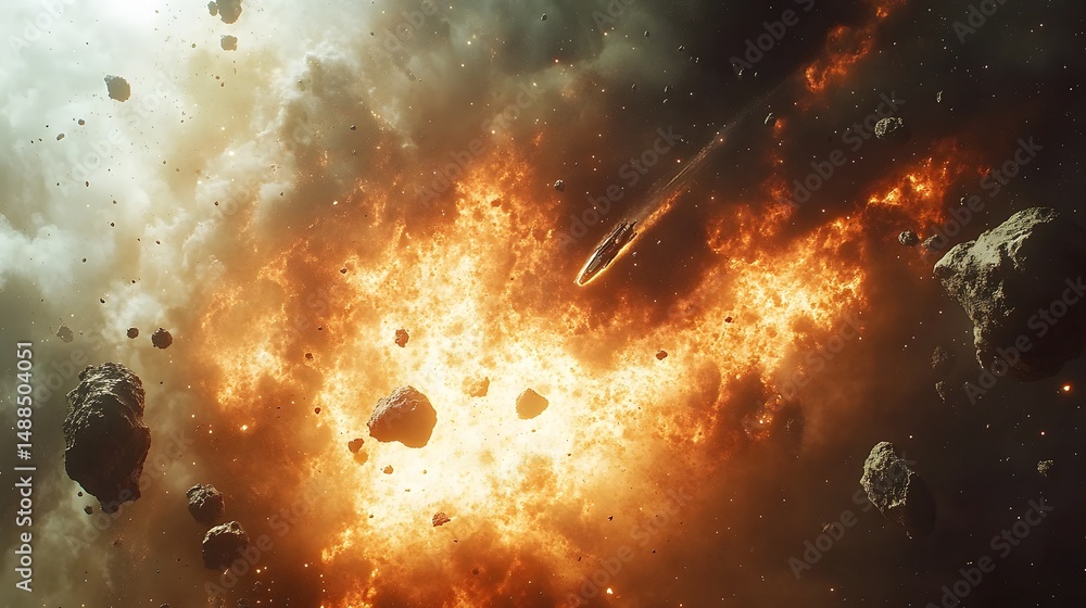 Fototapete A sleek spaceship traverses a fiery nebula amidst a field of asteroids, stars twinkling in the backdrop. A dynamic image of space exploration. Astronomy and Galaxy backgrounds.