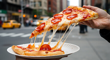 Pepperoni Pizza Slice with Melting Cheese Pull on a New York City Street - Delicious Urban Food Scene
