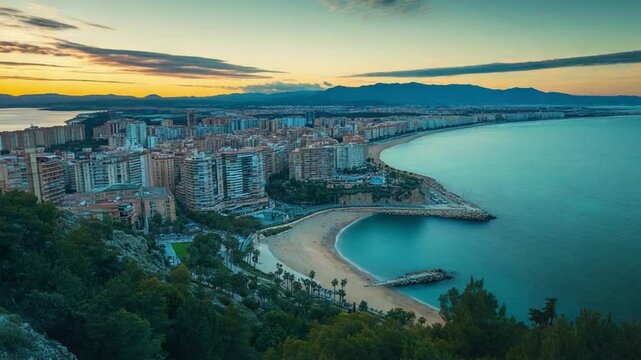 Coastal City Panorama: The tranquil scene unfolds along a beautiful coastline, where urban architecture harmonizes with nature&rsquo;s artistry, at the soft morning light.