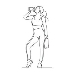 Continuous line drawing of sporty woman drink energy water from bottle. One single sketch art concept of healthy life style. Vector illustration editable stroke
