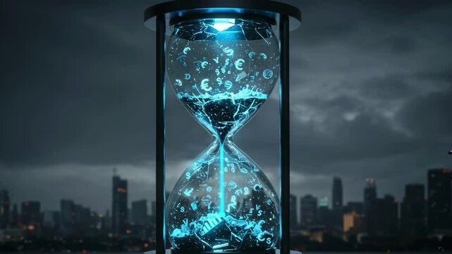 Futuristic hourglass shattering with blue liquid and city skyline in the background, symbolizing time