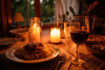 Romantic dinner for two: candlelight, pasta, and wine. A cozy and intimate setting.