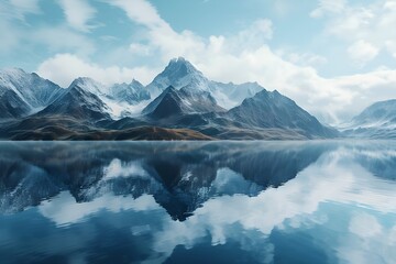Naklejka premium Mountain Lake Mirror: A stunning reflection of mountain peaks on a pristine alpine lake, conveying the stillness and purity of nature