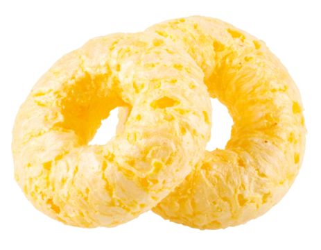 Two puffed corn rings overlapping on transparent background