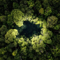 Naklejka premium Lush Green Forest Canopy with Circular Clearing Aerial View