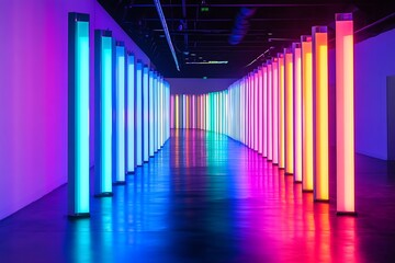 Fototapeta premium Light tubes, colorful illuminated vertical columns, reflection on floor, exhibition setup
