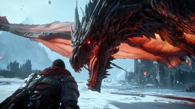 Epic dragon battle in a snowy landscape at sunset with a warrior preparing for combat