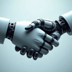 Two robotic hands shaking in futuristic agreement
