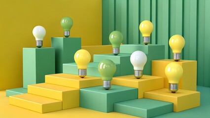 Outstanding Orange Light bulb slump Among blue light bulbs on blue background. 3D Render. Minimal Creative idea.

