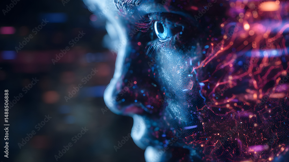 Poster digital dreamscape: an artistic rendering of a person's face merges seamlessly with a vibrant networ