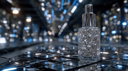 Futuristic cityscape at night, sleek mirrored buildings reflecting lights, vibrant urban atmosphere, suitable for tech themes.