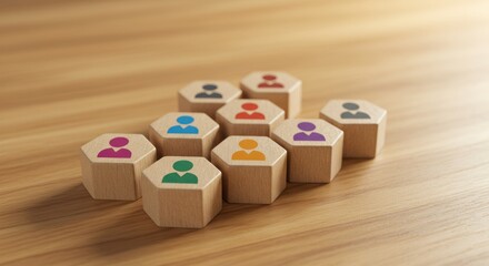Wooden blocks with person icons representing teamwork collaboration and diversity on wood surface.