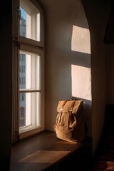 Cozy Backpack Placed on Wooden Surface by Sunlit Window at Home