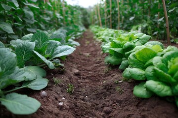 Fresh Green Lettuce Growing in Organic Vegetable Garden Rows