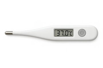 Medical digital thermometer showing healthy body temperature reading, isolated on transparent surface