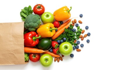 Paper bag overflowing with fresh vegetables fruits and nuts on a white background.