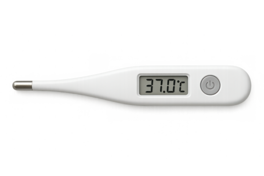 Medical digital thermometer showing healthy body temperature reading, isolated on transparent surface