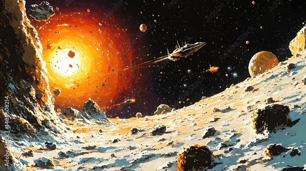 Aufkleber A spaceship soars across a desolate alien landscape, bathed in the glow of a distant nebula. Explore the cosmos and the thrill of interstellar travel. Astronomy and Galaxy backgrounds.