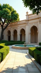 Fototapeta premium Serene courtyard with fountain and arched architecture in sunlight.