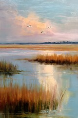 Tranquil Marsh Landscape at Sunset with Birds in the Sky