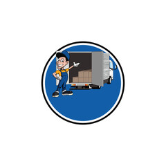 A delivery businessman with a cart and parcel, a concept icon for internet service