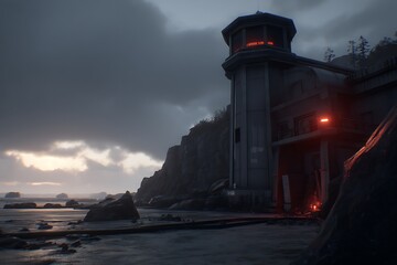 Ominous seaside base under cloudy sky