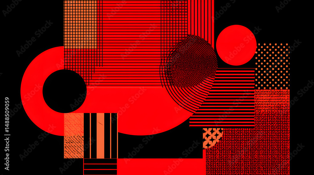 Poster geometric abstraction in red: a vibrant composition of geometric shapes, including circles, squares,
