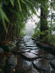 Serene Stone Path Surrounded by Lush Bamboo and Misty Environment