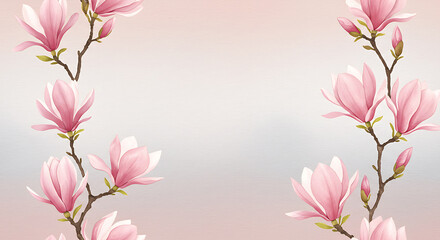 Fototapeta premium Pink Magnolias Watercolor Branches Frame Floral Background Elegant Border Design