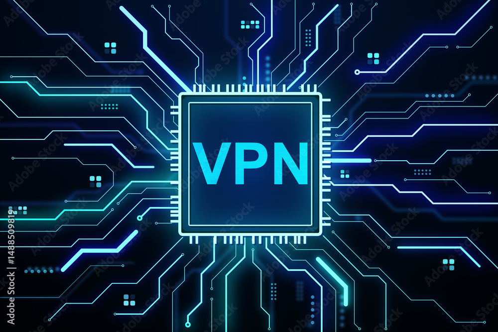 Poster VPN technology concept with glowing neon blue circuit board design on dark background, showcasing modern digital security template backdrop. 3D Rendering