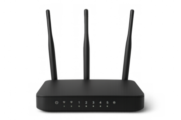 Black wireless router featuring three antennas providing strong network signal, positioned against transparent backdrop