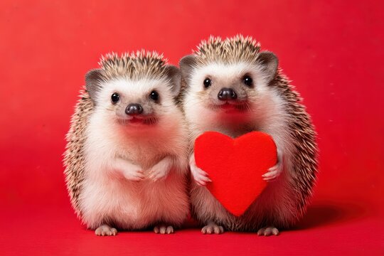 Funny animal Valentines Day, love, wedding celebration concept greeting card - Cute hedgehogs couple holding a red heart , red background