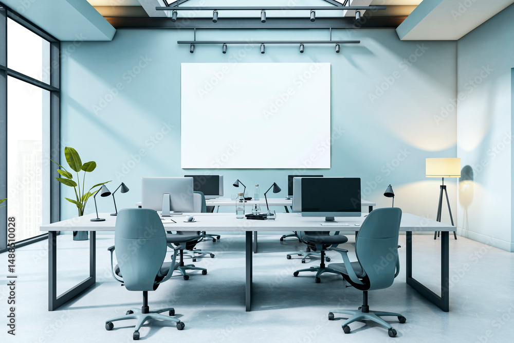 Poster modern open-plan office interior with blank horizontal frame on wall for corporate poster or banner 