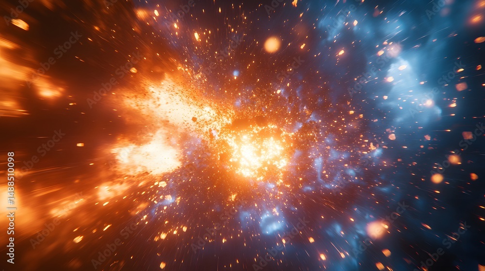 Poster vibrant abstract cosmic explosion artwork with luminous oranges and blues, reminiscent of a supernov
