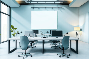Modern open-plan office interior with blank horizontal frame on wall for corporate poster or banner display in clean workspace environment. 3D Rendering