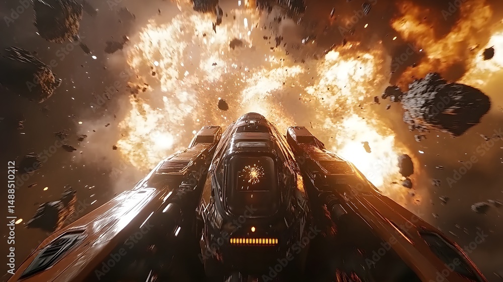 Fototapete Futuristic spaceship navigates a hazardous asteroid field with explosions erupting behind it, conveying action and peril. Astronomy and Galaxy backgrounds.