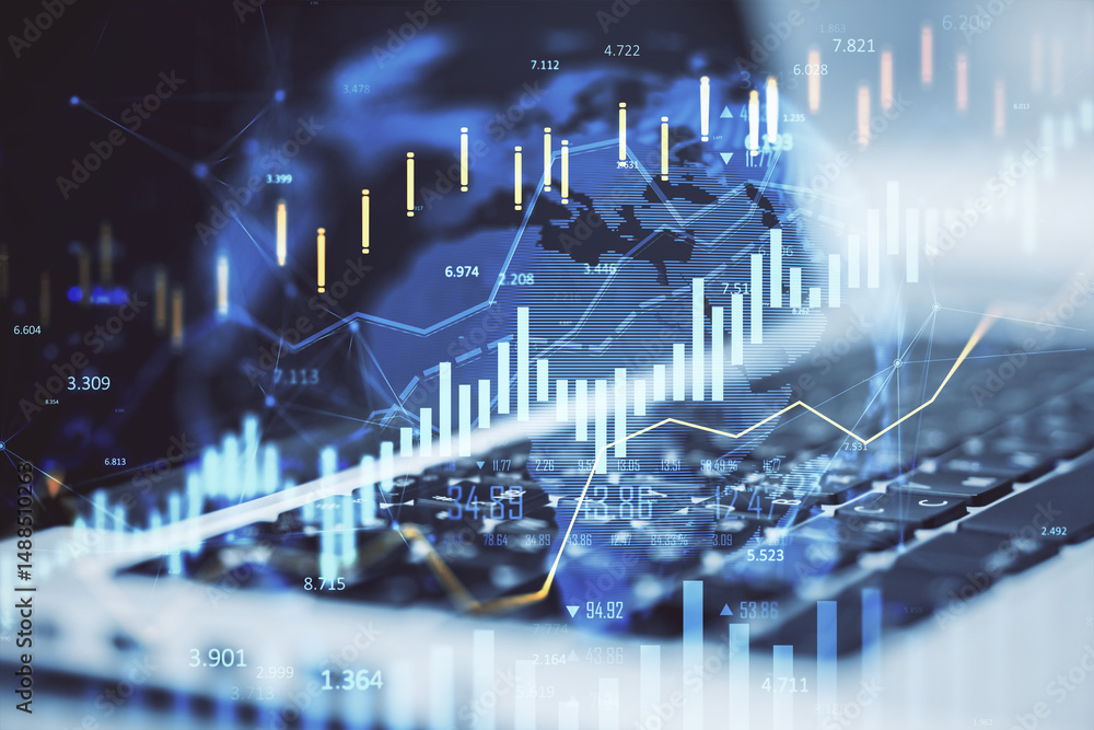 Aufkleber Digital financial data chart overlay with bar and candlestick graphs on laptop keyboard background symbolizing stock market analysis and growth.
