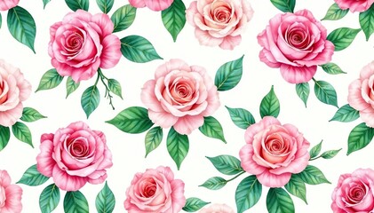 Delicate watercolor roses, lush green leaves Seamless repeat , print, beauty, flowers