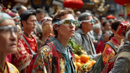 Fototapeta premium Urban Tracker Exploring Digital Breadcrumbs in a Festive Crowd Scene