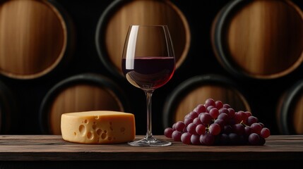 Wine, cheese, and grapes paired together in a rustic winery setting