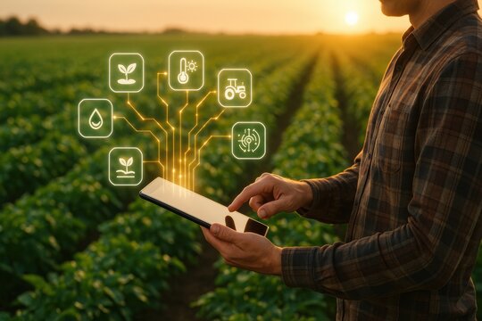 Farming with Technology: A farmer stands in a lush green field, using a digital tablet to monitor and control agricultural operations.