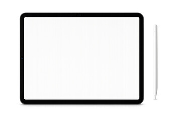 Modern black tablet computer with stylus pen on transparent background displaying blank white screen, ideal for showcasing apps or websites